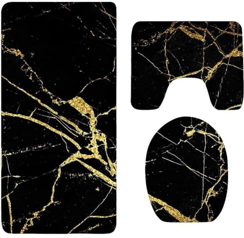 Juego de alfombras de baño de mármol Negro Alfombra Antideslizante Tapa de Inodoro y Alfombrilla de baño Accesorios de baño Lavables 3 uds.