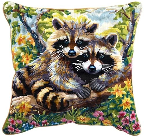 kitphoenix Cuscino per Punto Croce Procione Punto Croce Kit da Ricamare Cuscini 45x45cm Fai da te per Adulti Principianti per Arredamento Casa