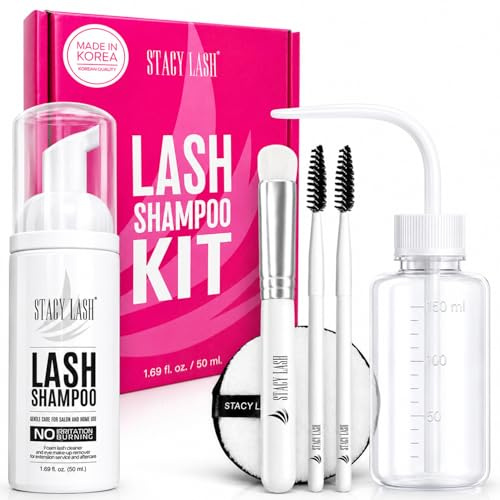 STACY LASH Lash Shampoo 50ml Kit Foaming Cleanser with Eye Lash Spoolies & Rinse Bottle & Cleansing Pad & Brush for Eyelash Extensions & Clusters & Natural Eyelashes