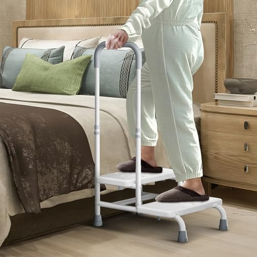 FORTEMOTUS steps for elderly - Adjustable Handrail &Non-Skid Platform, Heavy Duty 2 Step Stool for Adults, Elderly, Foot Stool for Bedside, Kitchen, Car, Bathtub, Holds up to 350 lbs