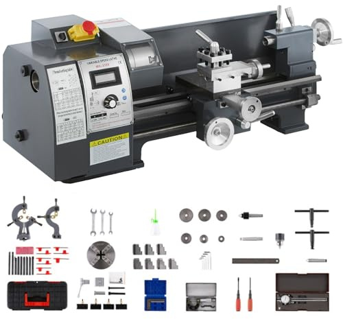 VEVOR Torno de Metal 210x400 mm Mini Torno de Madera Pantalla Digital Velocidad Variable 50-2500 rpm Kit de Torno Electrónico Fresas Portabrocas Herramientas de Medición para Trabajos de Precisión