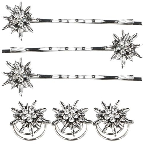 Amexo 3 Stück Edelweiß Haarspangen mit 3 Stück Edelweiß Federklemmen Vintage Strass-Edelweiss Haarschmuck für Damen Elegante Wellenform Haarspange für Oktoberfest Bayerisch Bierfest