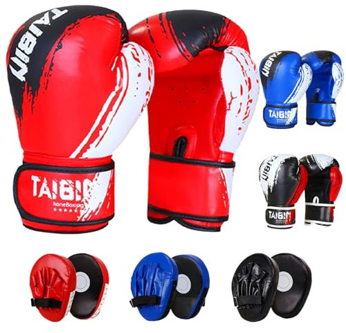 6 oz Kinder Boxhandschuhe und Box Pratzen Set für 3-10 Jahre,Kids Boxing Gloves,Box Handschuhe Kinder Set,2-in-1 Boxhandschuhe Kinder,Punchinghandschuhe für Jungen und Mädchen (Blau)