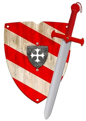 Espada y Escudo de Caballero de Madera Artesanales Coloridos - Juguete para Niños y Niñas - Complemento para Juegos, Imitación, Disfraz, Medieval, Guerrero, Fiesta Temática, Edad Media (Rojo)