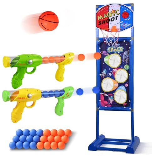Pistola Giocattolo 2 in 1 per Bambini con Canestro da Basket - Blaster a Palle di Schiuma con Bersaglio - 24 Palle - Regalo di Compleanno per Bambini e Bambine 8+ Anni