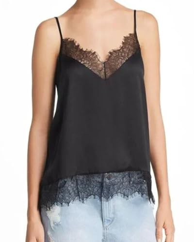 Women Y2k Satin Lace Trim Satin Camisole Tank Tops V Neck Sleeveless Spaghetti Strap Blouses Streetwear (A-Black, L)