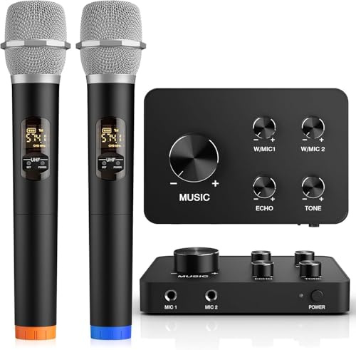 voijump Microfono Inalambrico UHF Dual Karaoke – 2 Micrófonos Inalámbricos con Alcance 100 ft, Sistema Karaoke, Voz, PA, Fiesta, Iglesia
