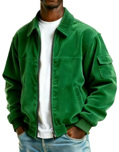 Generisch Veste bomber en velours côtelé pour homme - Col à revers - Avec poches - Veste d'hiver chaude et décontractée - Coupe-vent - Grandes tailles - Veste de loisirs tendance - Manteau court, Vert