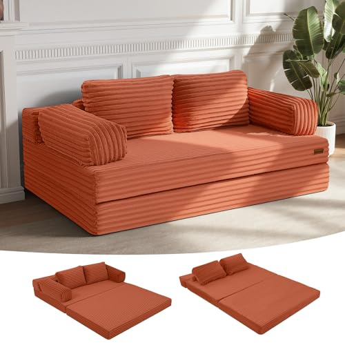 MeMoreCool Convertible Folding Sofa Bed, Boneless Floor Couch, Orange | Pull Out Boneless Modular Sofa Sleeper Mattress With Pillows, Fold Out Lounge Loveseat For Small Spaces, Guest Bedroom