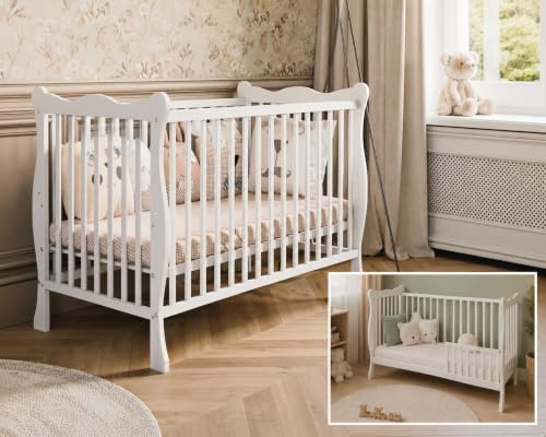 Bello4Baby Lit bébé Julia, 60 x 120 cm, convertible en lit junior, réglable en hauteur sur 3 niveaux, 3 barreaux amovibles, en bois (avec côté de conversion (sans matelas))