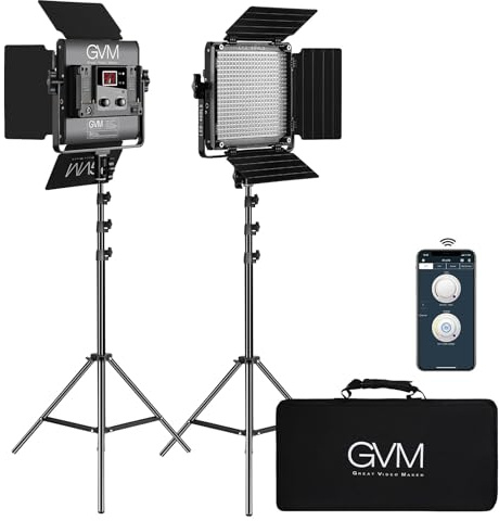 GVM 2 Pack LED Video Lighting Kits with APP Control, Bi-Color Variable 2300K~6800K with Digital Display Brightness of 10~100% for Video Photography, CRI97+ TLCI97 Led Video Light Panel +Barndoor