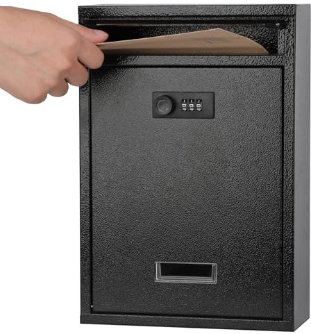 KYODOLED Cassetta postale con chiusura a parete, con serratura a combinazione per esterni, cassetta di sicurezza con codice, 31 x 21 x 8,54 x 8,5 cm, nero