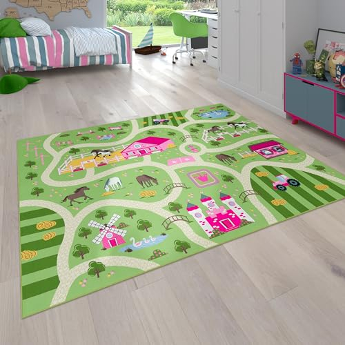 Paco Home Kinder-Teppich Für Kinderzimmer, Spiel-Teppich Mit Landschaft und Pferden rutschfest In Grün, Grösse:120x160 cm