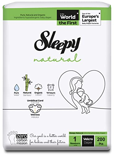 Sleepy Natural Baby Windeln Größe 1 (2-5 Kg) - MONATSBOX, Für Empfindliche Babys, 200 Stück (5 Packungen mit 40)