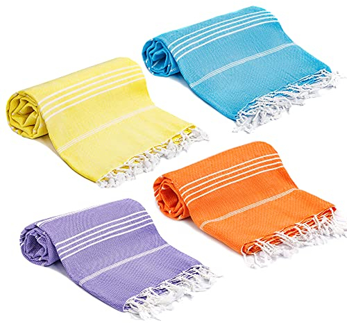 Turquoise Home, Großes Strandtuch 100% Baumwolle - Weich und Langlebig, Hamamtuch Ideal für Sauna, Spa, Yoga und Pool, Gelb-Türkis-Flieder-Orange Saunahandtuch (4 Stück), 100x180 cm