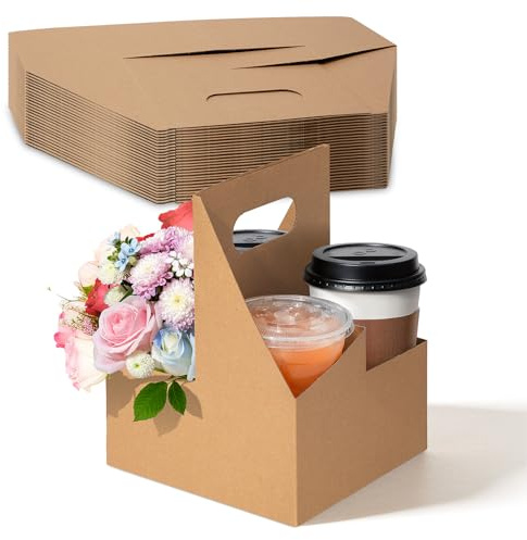 FMP Brands 4 Cup Disposable Drink Carrier with Handle, 25 Pack Kraft Paperboard Handled Drink Carriers 12-30 oz to Go Coffee Cup Holder, Cup Carrier for Cold Hot Drinks, Valentine Mother's Day