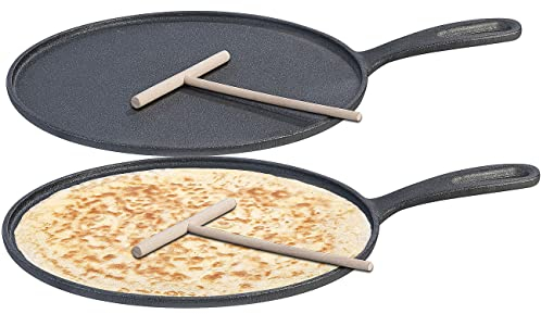 Rosenstein & Söhne Crepespfanne: Gusseiserne Crêpe-Pfanne für Grill und Herd mit Teigverteiler, 2er-Set (Crepes Pfanne Induktion, Grillpfanne Gusseisen, Backen)