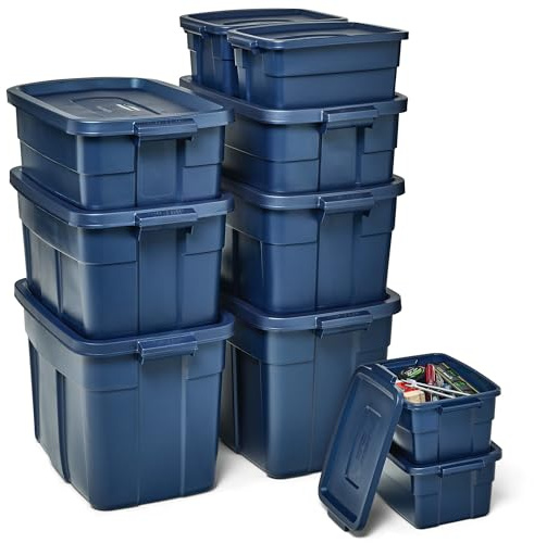 Rubbermaid Roughneck Tote Variety - |Made in the USA| Dark Indigo Metallic, Rugged Plastic Stackable Storage Tote with Lid and Handles (Pack of 10)