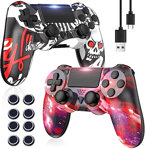 Bonacell 2 Stück Wireless Controllers für P-4/PC/IOS/Android mit Kappen Vibration Kabellose Gamepad mit Turbo und 3.5mm Audio Jack/LED/Touch Pad/Joystick caps