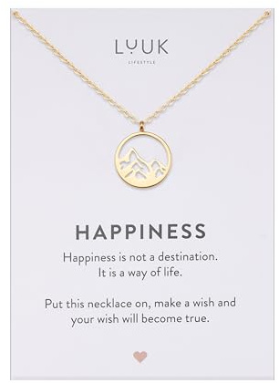 LUUK LIFESTYLE Collier pour femme avec pendentif sommet de montagne et carte HAPPINESS, symbole de réussite, accessoire pour femme, 50cm, or