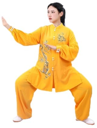 BankiE Weicher Tai-Chi-Anzug für Damen, Herbst, neue weibliche Kung-Fu-Kampfsport-Uniform, Performance-Jacke, Hose, orientalische Übungskleidung (Gelb, M 3)