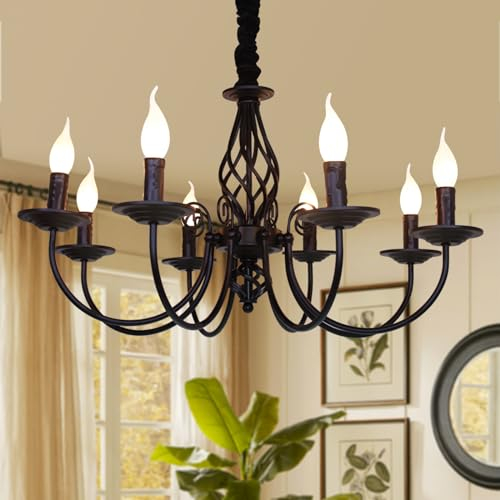 JIINOO Lustre de campagne française 8 lumières, lustre noir, lustre suspendu en métal, lampe suspendue pour îlot cuisine ferme, salle à manger, foyer