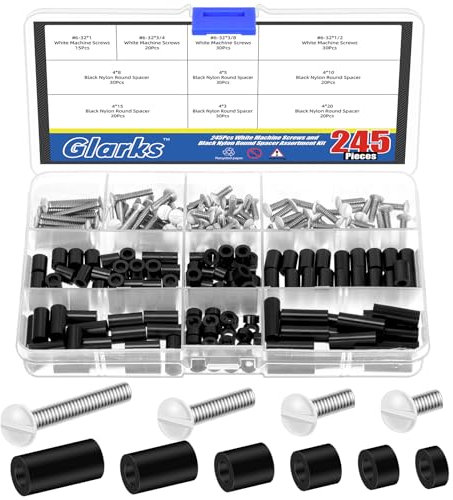 Glarks Juego de tornillos de placa de pared blanca, 245 unidades, 3/8, 1/2, 3/4, 1 de largo, placa de salida con tornillos de salida, espaciadores, tornillos de cubierta de salida con espaciadores
