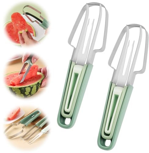 OSDUE Coupe Fruit 2PCS 3 en 1 Decoupe Fruits Acier Inoxydable Coupe Pomme Coupe Ananas pour Maison Cuisine Camping Outil de Cuillère à Melon Coupe Découpe Pastèque pour Watermelon Papaye Pitaya, Vert