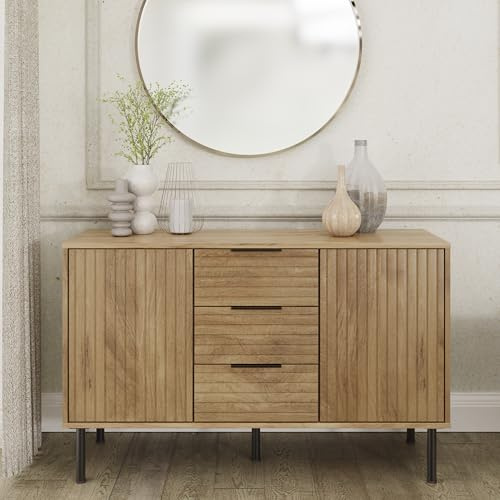 GFW Nervata Sideboard, Oak Effect Storage Cabinet with 3 Drawers and 2 Doors, Black and Gold Art Deco Style Sideboard for Living Room and Dining Room Furniture