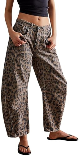 EZAPINE Jeans da Donna leopardati Casual a Gamba Larga Panst Y2k Boyfriend Vita Media Jeans alla Caviglia, Marrone, M