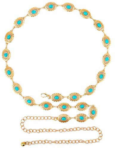 Ceinture en chaîne grande taille pour femme, ceinture en métal turquoise avec chaîne pour le ventre, chaîne pour le corps extra longue, chaîne épaisse réglable de 59 pouces (Or)