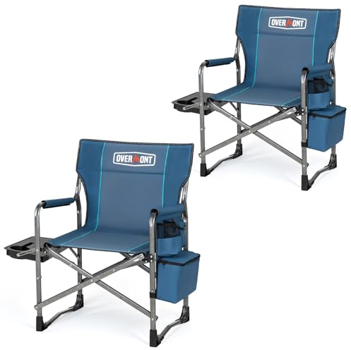 OVERMONT Chaise De Camping Pliable - Fauteuil De Régie Pliable - Supporte Jusqu'à 180 Kg - Chaise Pliable avec Table Latérale Et Sac Isotherme pour Camping Pêche Festival Bleu-Gris 2PCS