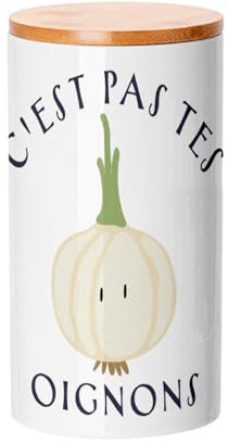 Fabulous Pot en Céramique avec couvercle Bambou - C'est pas tes Oignons Expression Légume - 887 ml (30 oz) - Bocal à ustensiles
