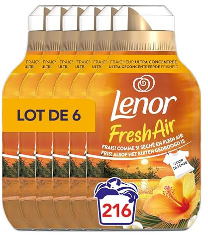 Lenor Fresh Air Adoucissant 216 lavages (36x6), Parfum Soleil Tropical, Protection Anti-Odeurs, Fraîcheur Ultra Concentrée, Fabriqué En France