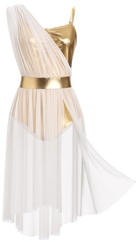 IBAKOM Women One Shoulder Ruffle Lyrical Dance Dress Gold Metallic Bodice High-Low Chiffon Skirt Contemporary Dance Costume, White, S