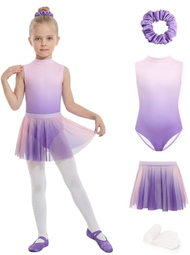 JiAmy Justaucorps de ballet 4 pièces pour filles avec jupe amovible - Couleur dégradée - Tenue de danse - Collants chouchous - 4 à 12 ans | Taille 110, 86 % polyester, 14 % élasthanne, 4 pièces, collants, jupe en tulle, tissu extensible, ouverture dans le dos
