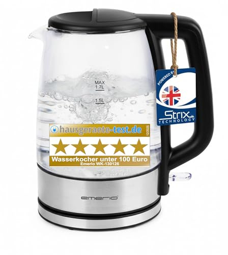 EMERIO Glas Wasserkocher mit 1.7 Liter Volumen | 2200 Watt | blaue LED Innenbeleuchtung | 360° Basis | bestes Borosilikatglas | Auto Off | Trockengeh- & Überhitzungsschutz | WK-130126