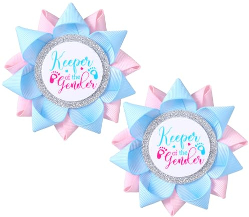 Heclia 2 PCS Keeper of The Gender Button Pins for Gender Reveal Party Decorations Boy or Girl Button Pin Light Blue and Pink Grosgrain Ribbon Pins Baby Shower Parties Decorations Supplies