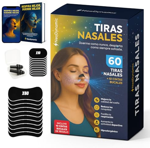 60 Tiras Nasales Deportivas + 10 Mouth Tape + Tapones oidos + E-Book de Regalo, tiras nasales para dormir, nose strips, tiritas nariz respirar, respirar mejor por la nariz, tiras antironquidos nasal