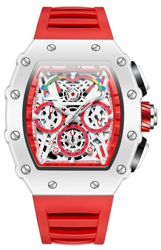 FANMIS Fashion Hollowed Men Watches Tonneau Skeleton Dial Big Face Waterproof Chronograph Fashion Casual Watch with Silicone Strap Multifunctional Outdoor Sports Wristwatch (Red)