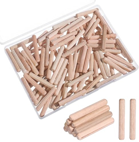 100 Pcs 1/4 Wood Dowel Pins, 1/4 x 1 1/2 Fluted Hardwood Dowel Pins Straight Grooved Wood Pegs for Furniture, Model Building and Woodworking
