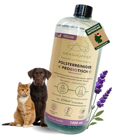 GRASHÜPFER® Probiotischer Polsterreiniger [FÜR TIERHAUSHALTE] mit Geruchsneutralisierung 1L Konzentrat für alle Wasch- und Nasssauger [MEDITERRANER LAVENDEL] für Polster, Autositze, Matratzen und mehr