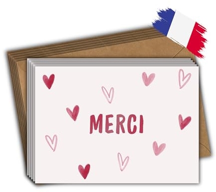 EVTI Lot 10 Cartes merci avec enveloppes craft, Cartes de Remerciements pour Mariage, Baptême, Communion, Anniversaire, Fête, Retraite, Naissance, Design Rose Coeur