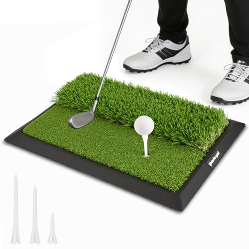 Golf Practice Mat, Dual Turf Golf Hitting Mat with Ball Tray