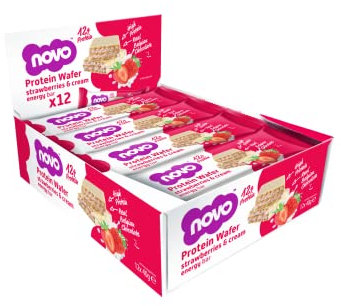 Novo Nutrition Protein Wafer Bars | High Protein Bar, 12g Protein | Protein Bar Alternative | Suitable for Vegetarians | Pack of 12 x 40g (Strawberries & Cream)