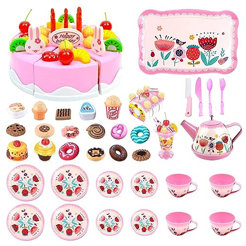 Kidoloop Kids 105 Pcs Realistic Birthday Cake Toy with Light and Music Set with Tea Cup Set Pretend Play Kitchen Appliances Set, Tea Pot with Utensils and Play Food, Birthday Cake and Candle Set