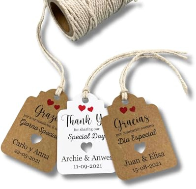 VPM Original Etiquetas personalizadas de agradecimiento para detalles de Boda Gracias por compartir nuestro día especial. Varios idiomas. Etiqueta con forma rectangular Realizado en España