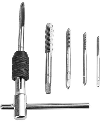Mesee 5Pcs Tarauds à Goujure Droite à Main Métrique Assortiment M3 M4 M5 M6 M8 avec 1Pc Clé Réglable, Ensemble de Taraudage à Filetage en Acier avec Tourne-à-gauche en T pour Filet Rapporté