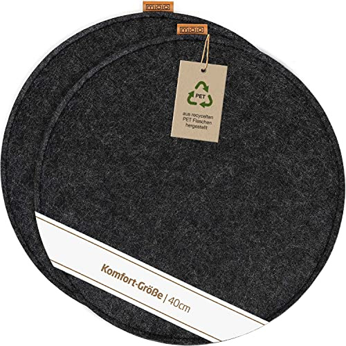 Miqio Design Filz Sitzkissen XL Rund mit Antirutschnoppen | 40cm | 2er-Set | Indoor und Outdoor | Nachhaltig aus recycelten PET Flaschen | Waschbare Stuhlkissen rutschfest | Dunkelgrau