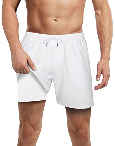 LUCOWEE Mens White Swim Trunks with Compression Liner no Mesh Jammer Lined Swimming Trunks Quick Dry UPF 50+ Stretchy 5.5 inch Inseam Bathing Suit Shorts White X-Large